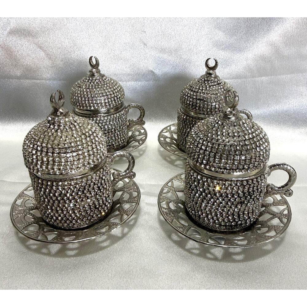 Turkish Ottoman Style Espresso Coffee Cup Set Silver Rhinestone Decor READ